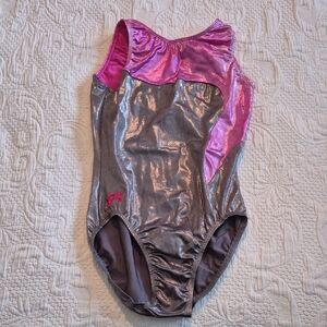 GK Elite Adult Large pink and silvery gray shimmery leotard, NWOT
